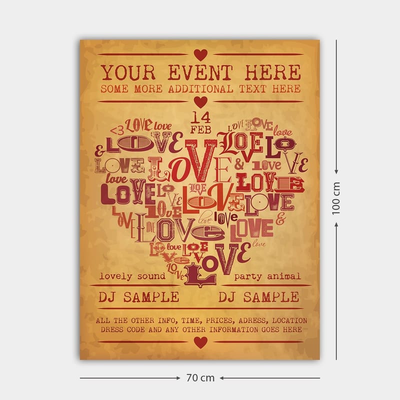 Canvastavla 70x100 cm - Hjärtformad komposition av ord som uttrycker kärlek och romantik - Röd / Mörkröd / Beige - Inredning - Tavlor & posters - Canvastavla