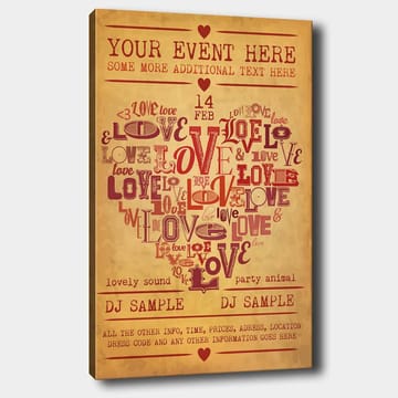 Canvastavla 70x100 cm - Hjärtformad komposition av ord som uttrycker kärlek och romantik - Röd / Mörkröd / Beige - Inredning - Tavlor & posters - Canvastavla