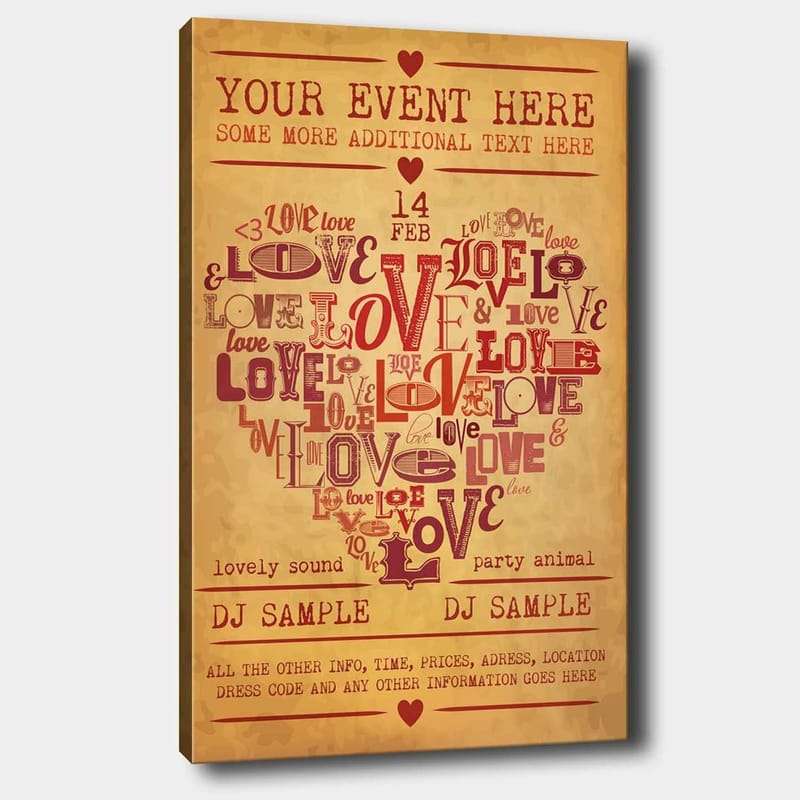 Canvastavla 70x100 cm - Hjärtformad komposition av ord som uttrycker kärlek och romantik, Röd / Mörkröd / Beige