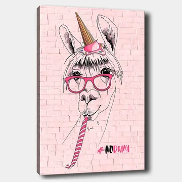Canvastavla 70x100 cm - Humoristisk illustration av en lama med glasögon och en unicorn-hatt - Rosa / Svart / Vit - Inredning - Tavlor & posters - Canvastavla