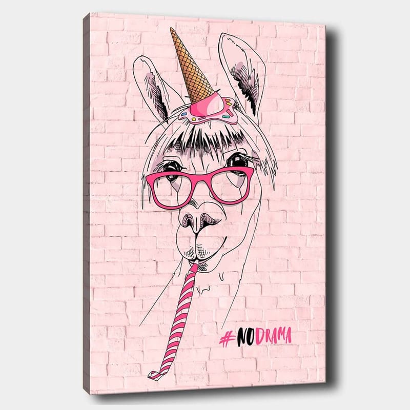 Canvastavla 70x100 cm - Humoristisk illustration av en lama med glasögon och en unicorn-hatt, Rosa / Svart / Vit