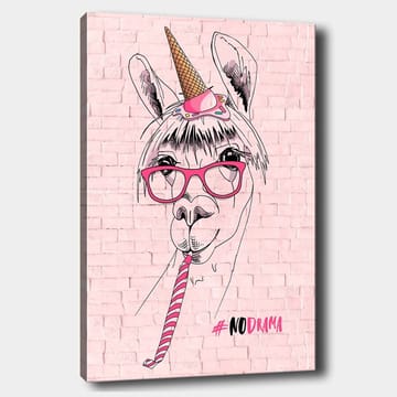 Canvastavla 70x100 cm - Humoristisk illustration av en lama med glasögon och en unicorn-hatt - Rosa / Svart / Vit - Inredning - Tavlor & posters - Canvastavla