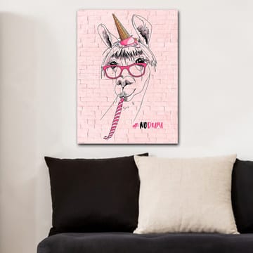Canvastavla 70x100 cm - Humoristisk illustration av en lama med glasögon och en unicorn-hatt - Rosa / Svart / Vit - Inredning - Tavlor & posters - Canvastavla