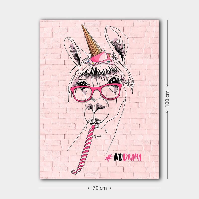 Canvastavla 70x100 cm - Humoristisk illustration av en lama med glasögon och en unicorn-hatt - Rosa / Svart / Vit - Inredning - Tavlor & posters - Canvastavla