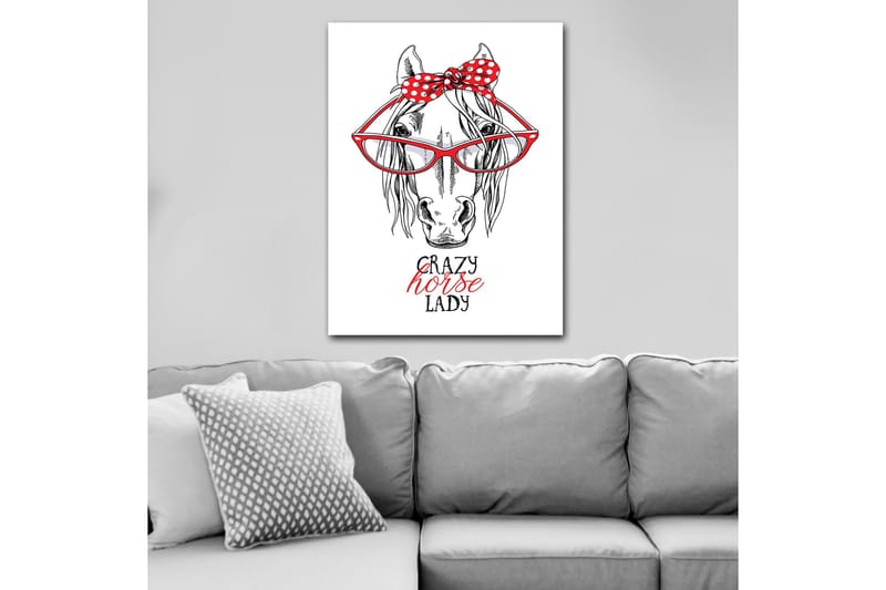 Canvastavla 70x100 cm - Humoristisk illustration av ett hähuvud med stora glasögon och en röd prickig rosett - Röd / Svart / Vit - Inredning - Tavlor & posters - Canvastavla