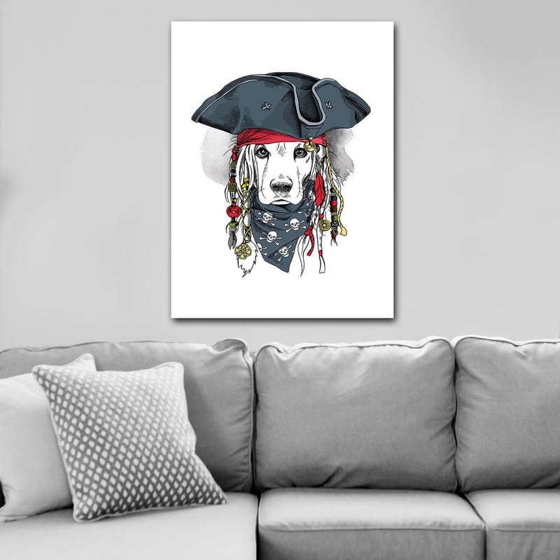 Canvastavla 70x100 cm - Hund klädd som pirat med hatt och bandana - Svart / Röd / Blå - Inredning - Tavlor & posters - Canvastavla