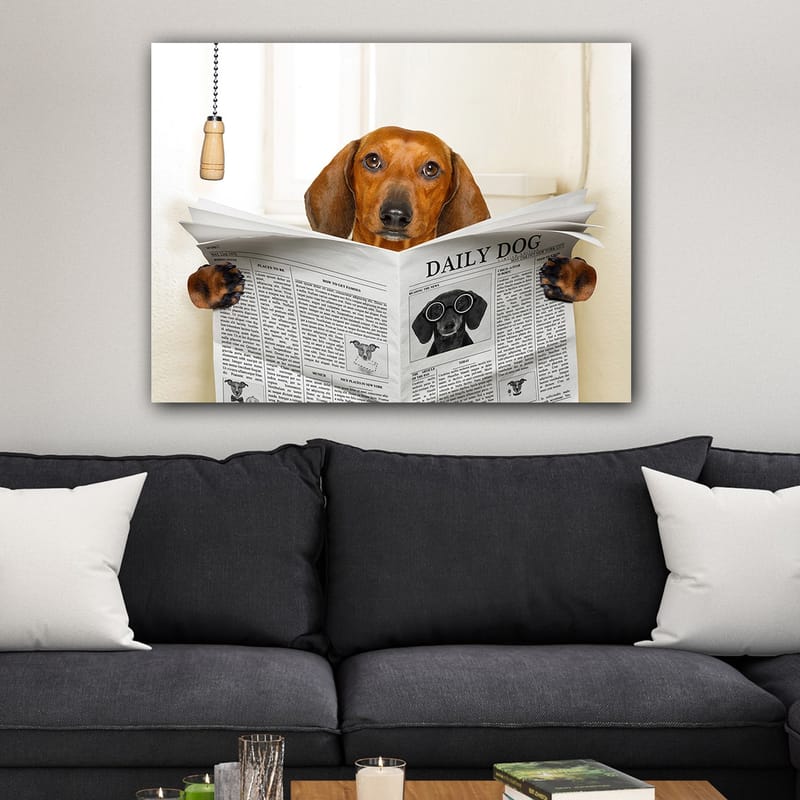 Canvastavla 70x100 cm - Hund som läser tidningen Daily Dog med ett nyfiket uttryck - Brun / Svart - Inredning - Tavlor & posters - Canvastavla
