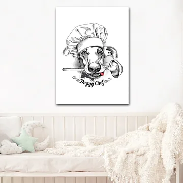 Canvastavla 70x100 cm - Hundklädd kock med en sked i munnen - Svart / Vitt / Grått - Inredning - Tavlor & posters - Canvastavla