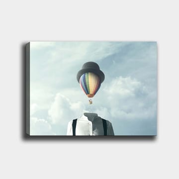 Canvastavla 70x100 cm - Huvudlös man i vit skjorta och svart hatt, med en färgglad luftballong svävande ovanför - Vit / Svart / Regnbågsfärgad - Inredning - Tavlor & posters - Canvastavla