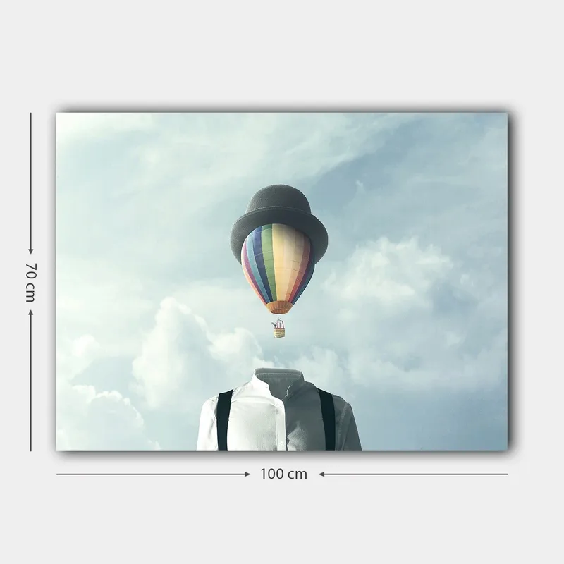 Canvastavla 70x100 cm - Huvudlös man i vit skjorta och svart hatt, med en färgglad luftballong svävande ovanför - Vit / Svart / Regnbågsfärgad - Inredning - Tavlor & posters - Canvastavla