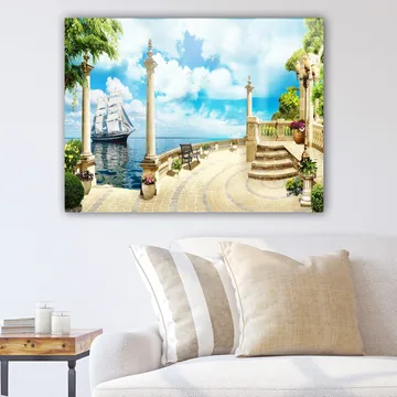 Canvastavla 70x100 cm - Idyllisk havsutsikt med en segelbåt, omgiven av pelare och grönska - Blå / Grön / Beige - Inredning - Tavlor & posters - Canvastavla