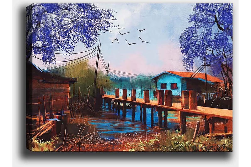 Canvastavla 70x100 cm - Idyllisk landskapsmålning med en brygga som sträcker sig över en stilla vattenyta, omgiven av färgglada hus och träd i lila nyanser - Lila / Blå / Brun - Inredning - Tavlor & posters - Canvastavla