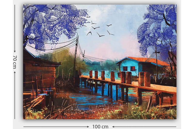 Canvastavla 70x100 cm - Idyllisk landskapsmålning med en brygga som sträcker sig över en stilla vattenyta, omgiven av färgglada hus och träd i lila nyanser - Lila / Blå / Brun - Inredning - Tavlor & posters - Canvastavla