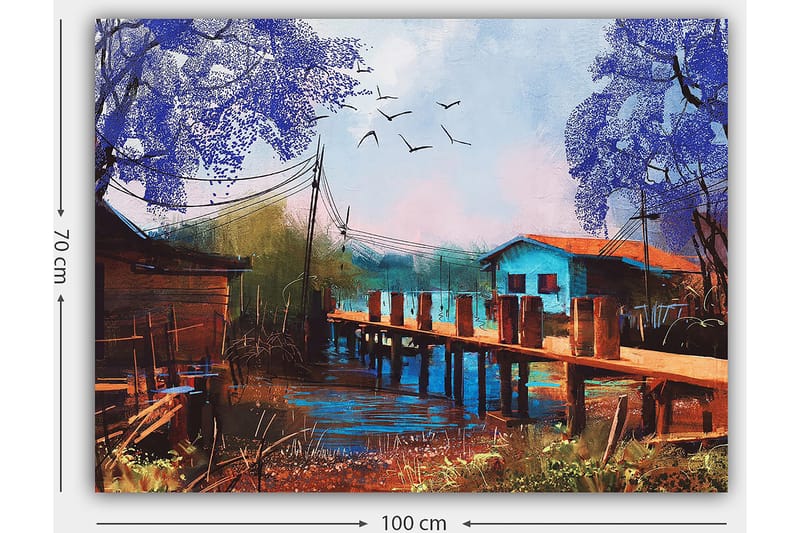 Canvastavla 70x100 cm - Idyllisk landskapsmålning med en brygga som sträcker sig över en stilla vattenyta, omgiven av färgglada hus och träd i lila nyanser - Lila / Blå / Brun - Inredning - Tavlor & posters - Canvastavla
