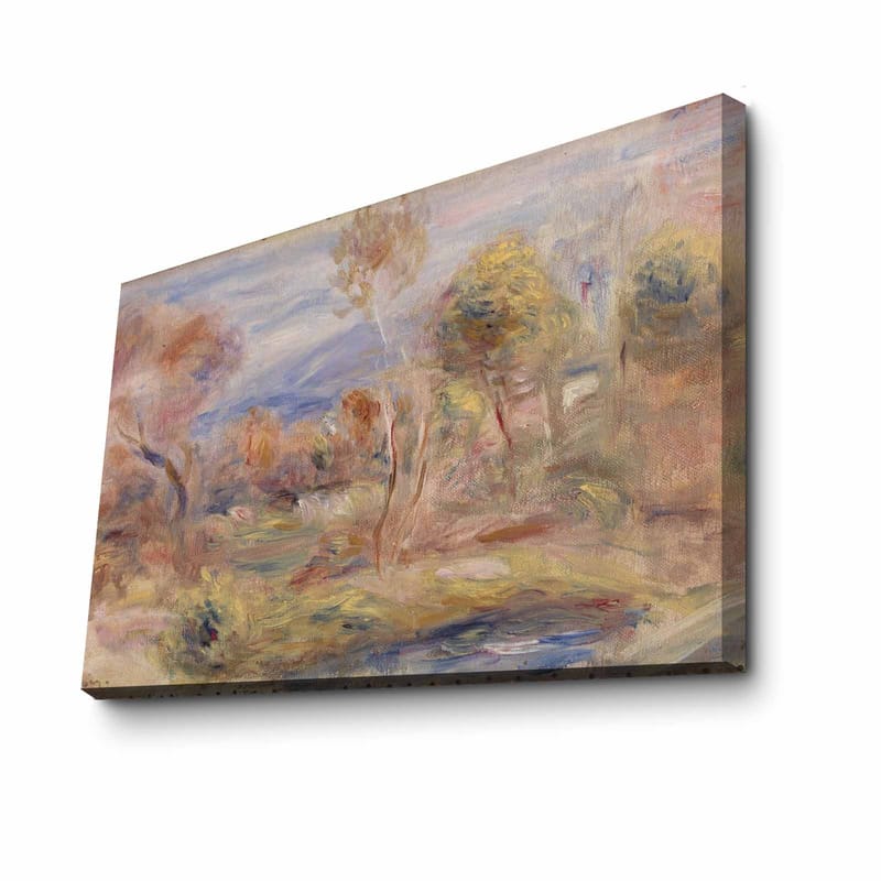 Canvastavla 70x100 cm - Idyllisk landskapsmålning med träd och en spegelblanka sjö i förgrunden - Ljusgrön / Beige / Ljusblå - Inredning - Tavlor & posters - Canvastavla