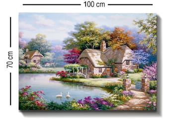 Canvastavla 70x100 cm - Idyllisk landskapsmålning med pittoreska stugor vid en sjö omgiven av blomstrande träd och buskar - Grön / Rosa / Blå - Inredning - Tavlor & posters - Canvastavla