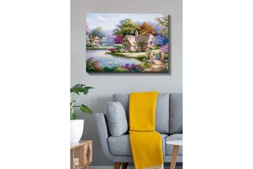 Canvastavla 70x100 cm - Idyllisk landskapsmålning med pittoreska stugor vid en sjö omgiven av blomstrande träd och buskar - Grön / Rosa / Blå - Inredning - Tavlor & posters - Canvastavla