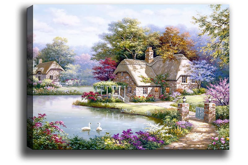 Canvastavla 70x100 cm - Idyllisk landskapsmålning med pittoreska stugor vid en sjö omgiven av blomstrande träd och buskar - Grön / Rosa / Blå - Inredning - Tavlor & posters - Canvastavla