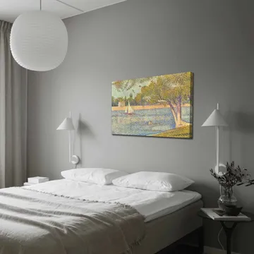 Canvastavla 70x100 cm - Idyllisk sjölandskap med segelbåtar och träd som speglar en lugn sommarstämning - Grön / Blå / Beige - Inredning - Tavlor & posters - Canvastavla