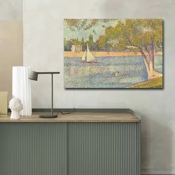 Canvastavla 70x100 cm - Idyllisk sjölandskap med segelbåtar och träd som speglar en lugn sommarstämning - Grön / Blå / Beige - Inredning - Tavlor & posters - Canvastavla