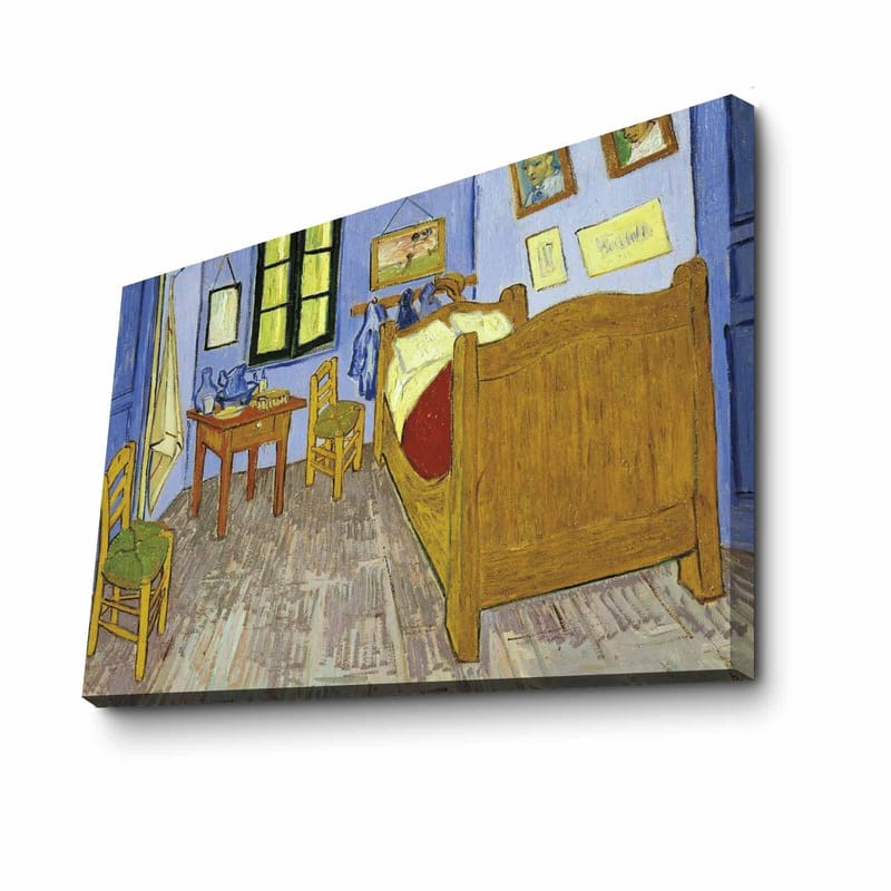 Canvastavla 70x100 cm - Inbjudande och färgglad skildring av ett rum med en säng, stolar och ett bord - Blå / Gul / Brun - Inredning - Tavlor & posters - Canvastavla