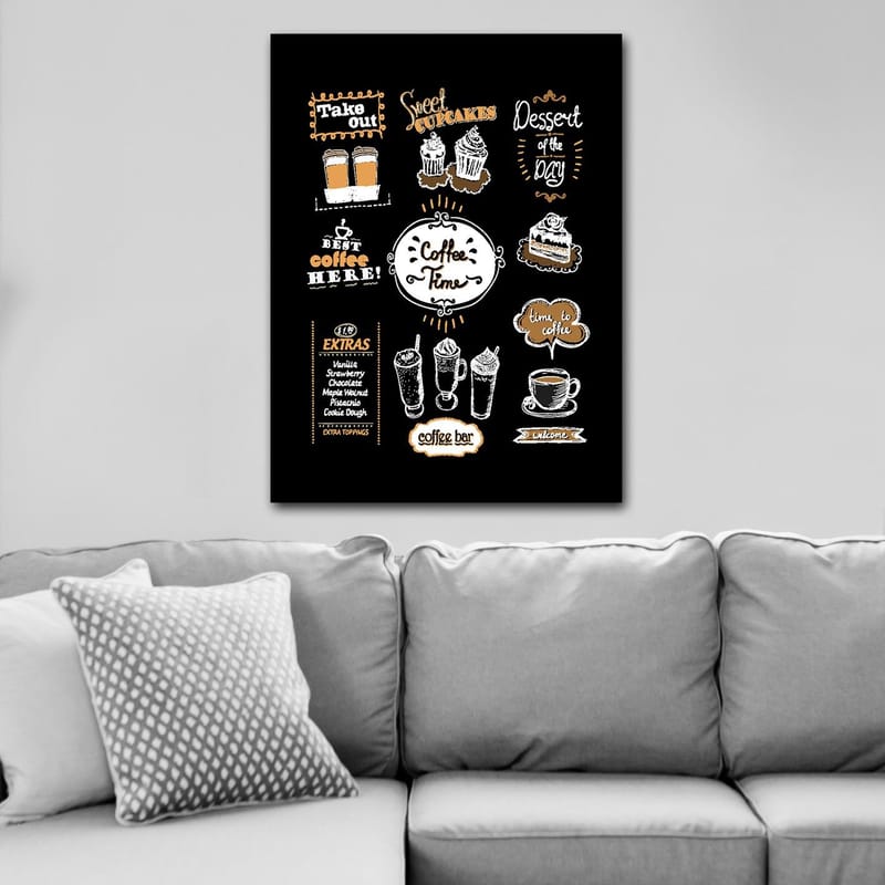 Canvastavla 70x100 cm - Inbjudande tavla med kaffetema som framhäver olika kaffedrycker och bakverk - Vit / Orange / Svart - Inredning - Tavlor & posters - Canvastavla