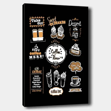 Canvastavla 70x100 cm - Inbjudande tavla med kaffetema som framhäver olika kaffedrycker och bakverk - Vit / Orange / Svart - Inredning - Tavlor & posters - Canvastavla
