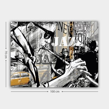Canvastavla 70x100 cm - Jazzmusiker som spelar trumpet i en livlig stadsbild av New York - Svart / Grå / Gul - Inredning - Tavlor & posters - Canvastavla
