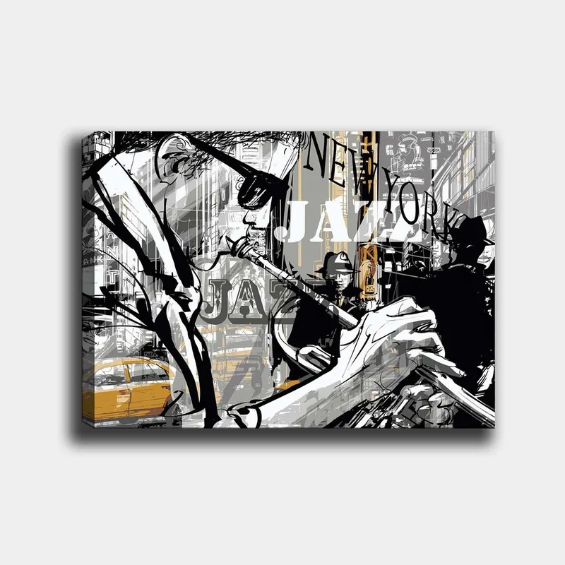 Canvastavla 70x100 cm - Jazzmusiker som spelar trumpet i en livlig stadsbild av New York, Svart / Grå / Gul