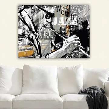 Canvastavla 70x100 cm - Jazzmusiker som spelar trumpet i en livlig stadsbild av New York - Svart / Grå / Gul - Inredning - Tavlor & posters - Canvastavla
