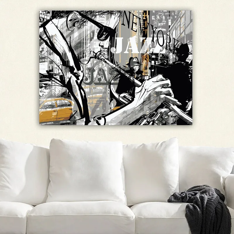 Canvastavla 70x100 cm - Jazzmusiker som spelar trumpet i en livlig stadsbild av New York - Svart / Grå / Gul - Inredning - Tavlor & posters - Canvastavla