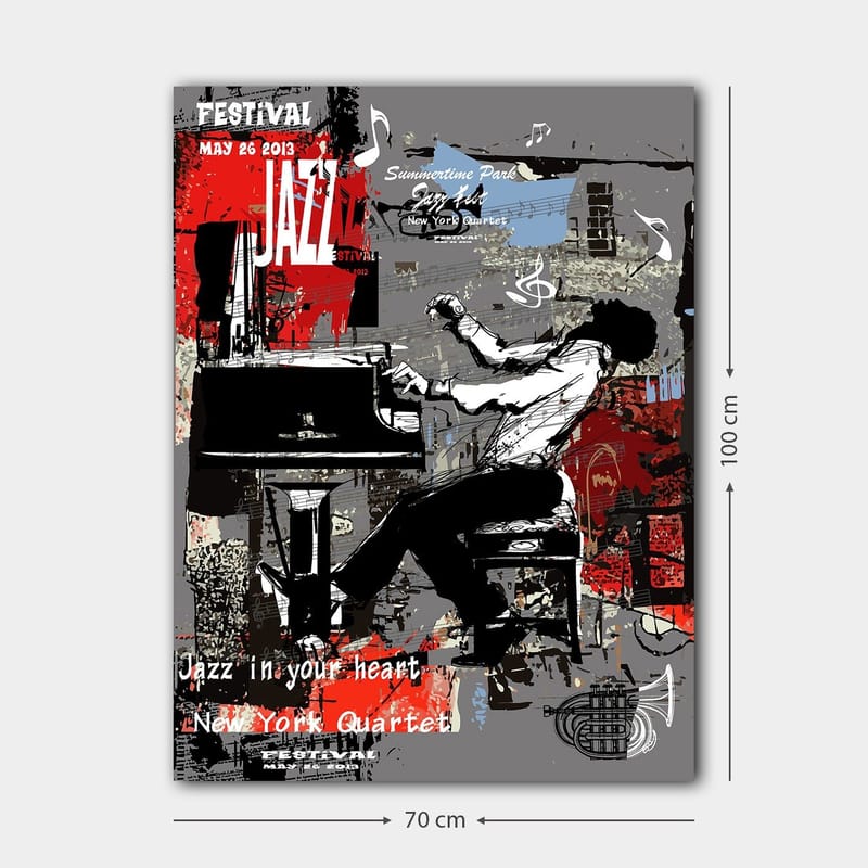 Canvastavla 70x100 cm - Jazzmusiker som spelar piano med stor passion och energi - Röd / Svart / Grå - Inredning - Tavlor & posters - Canvastavla