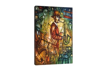 Canvastavla 70x100 cm - Jazzmusiker spelar saxofon omgiven av andra musiker i en livlig atmosfär - Grön / Orange / Brun - Inredning - Tavlor & posters - Canvastavla