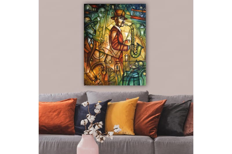Canvastavla 70x100 cm - Jazzmusiker spelar saxofon omgiven av andra musiker i en livlig atmosfär - Grön / Orange / Brun - Inredning - Tavlor & posters - Canvastavla
