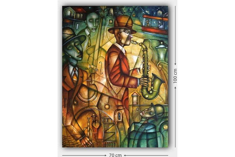 Canvastavla 70x100 cm - Jazzmusiker spelar saxofon omgiven av andra musiker i en livlig atmosfär - Grön / Orange / Brun - Inredning - Tavlor & posters - Canvastavla