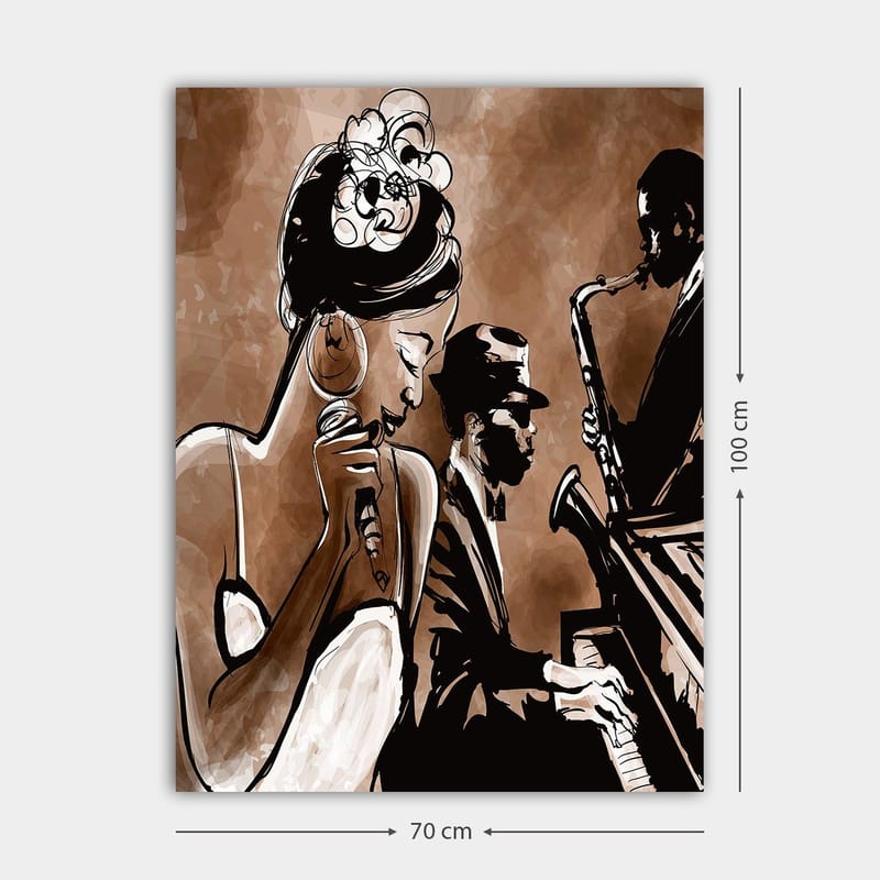 Canvastavla 70x100 cm - Jazzsångerska som framför en låt med musiker i bakgrunden - Brun / Svart / Vit - Inredning - Tavlor & posters - Canvastavla