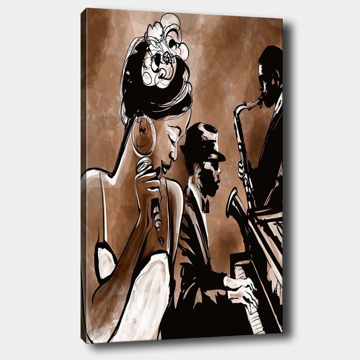 Canvastavla 70x100 cm - Jazzsångerska som framför en låt med musiker i bakgrunden - Brun / Svart / Vit