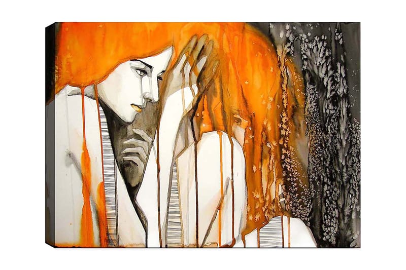 Canvastavla 70x100 cm - Känslosam skildring av två kvinnor som uttrycker intimitet och sårbarhet, Orange / Svart / Grå