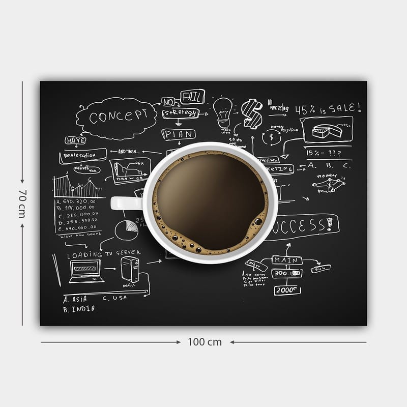 Canvastavla 70x100 cm - Kaffekopp med svart kaffe omgiven av handskrivna anteckningar och diagram som symboliserar affärsstrategi och kreativitet - Svart / Brun / Vit - Inredning - Tavlor & posters - Canvastavla