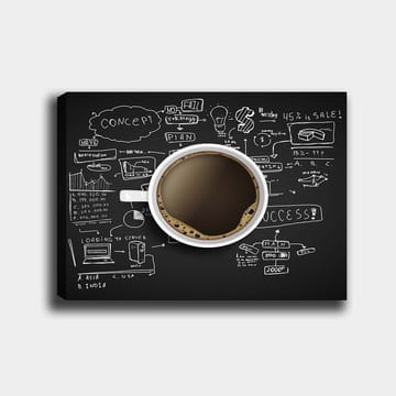 Canvastavla 70x100 cm - Kaffekopp med svart kaffe omgiven av handskrivna anteckningar och diagram som symboliserar affärsstrategi och kreativitet - Svart / Brun / Vit - Inredning - Tavlor & posters - Canvastavla