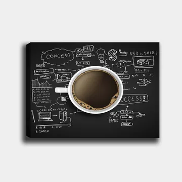Canvastavla 70x100 cm - Kaffekopp med svart kaffe omgiven av handskrivna anteckningar och diagram som symboliserar affärsstrategi och kreativitet - Svart / Brun / Vit - Inredning - Tavlor & posters - Canvastavla