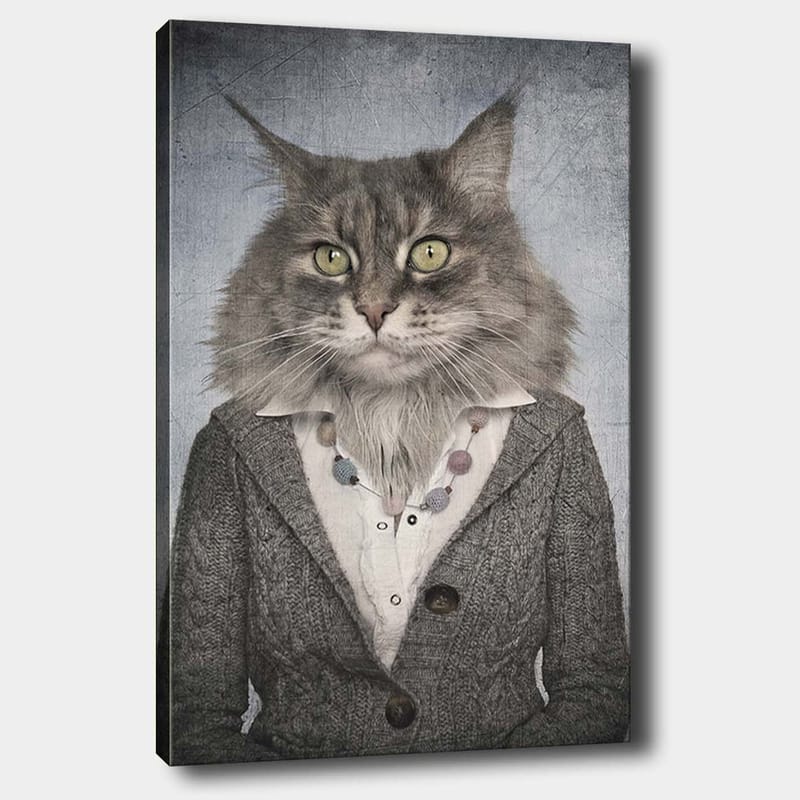 Canvastavla 70x100 cm - Katt med mänskliga drag klädd i en grå kavaj och en vit skjorta - Grå / Vit / Beige - Inredning - Tavlor & posters - Canvastavla