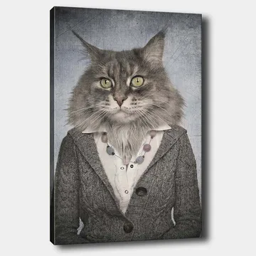Canvastavla 70x100 cm - Katt med mänskliga drag klädd i en grå kavaj och en vit skjorta - Grå / Vit / Beige - Inredning - Tavlor & posters - Canvastavla