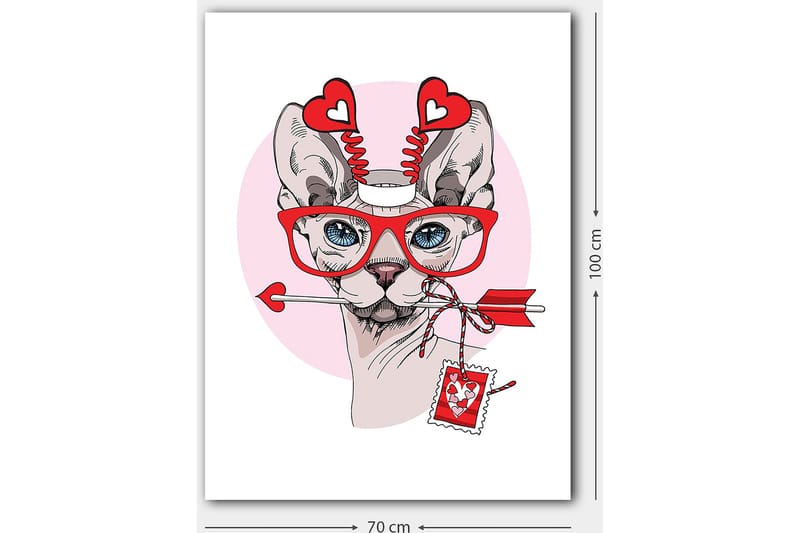 Canvastavla 70x100 cm - Katt med stora glasögon och hjärtformade detaljer, som håller en pil i munnen - Röd / Rosa / Grå - Inredning - Tavlor & posters - Canvastavla