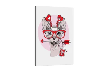 Canvastavla 70x100 cm - Katt med stora glasögon och hjärtformade detaljer, som håller en pil i munnen - Röd / Rosa / Grå - Inredning - Tavlor & posters - Canvastavla