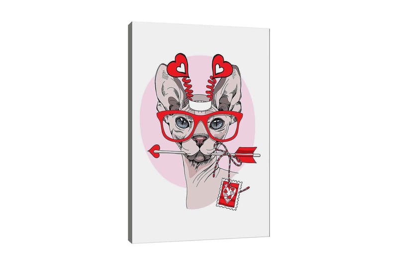 Canvastavla 70x100 cm - Katt med stora glasögon och hjärtformade detaljer, som håller en pil i munnen - Röd / Rosa / Grå - Inredning - Tavlor & posters - Canvastavla