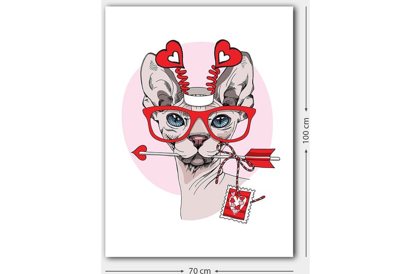 Canvastavla 70x100 cm - Katt med stora glasögon och hjärtformade detaljer, som håller en pil i munnen - Röd / Rosa / Grå - Inredning - Tavlor & posters - Canvastavla