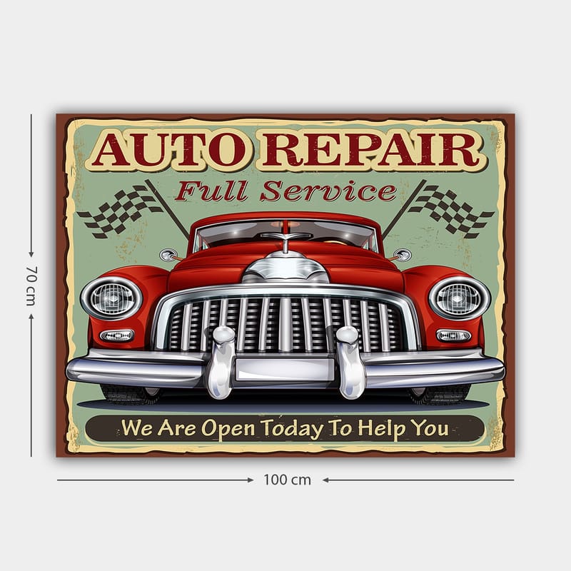 Canvastavla 70x100 cm - Klassisk röd bil med en kromad grill och racingflaggor i bakgrunden - Röd / Krom (silver) / Grön - Inredning - Tavlor & posters - Canvastavla