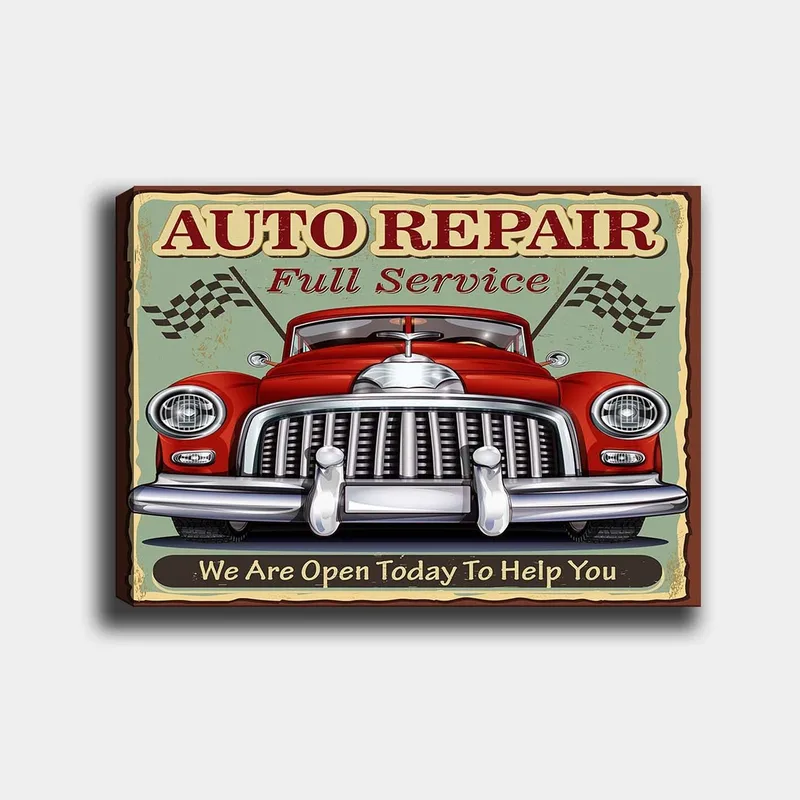 Canvastavla 70x100 cm - Klassisk röd bil med en kromad grill och racingflaggor i bakgrunden, Röd / Krom (silver) / Grön