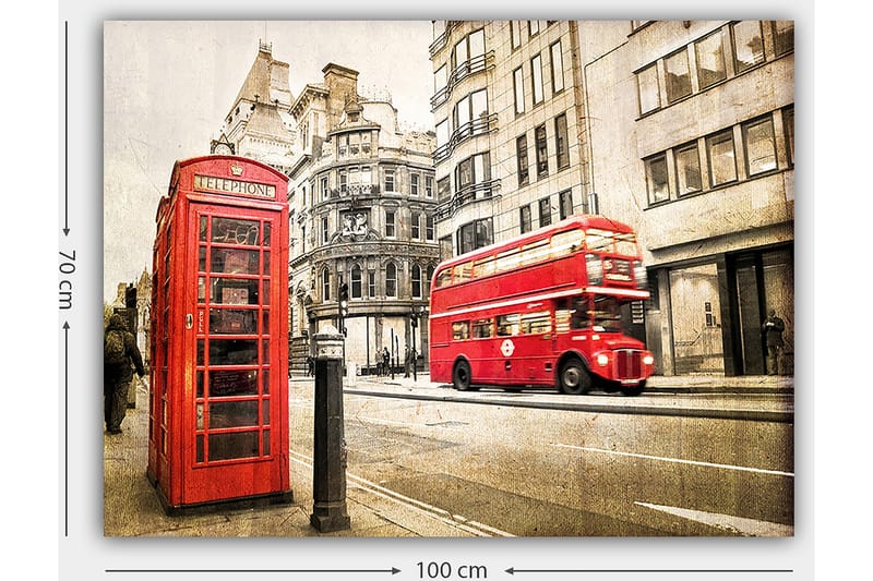 Canvastavla 70x100 cm - Klassisk röd telefonkiosk och en röd dubbeldäckare på en stadsgata - Röd / Grå - Inredning - Tavlor & posters - Canvastavla